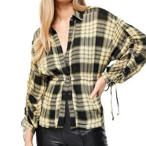 Free People Black Plaid Ruched Sleeve Pacific Dawn Button Down Shirt Size Small